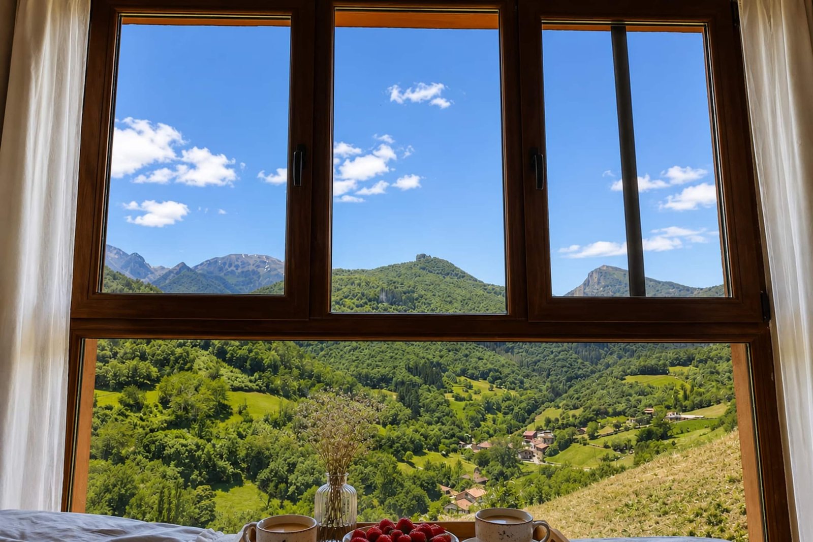 Desayuno frente a la ventana con vistas a los Picos de Europa en un dúplex turístico de Liébana (Cantabria) gestionado por Opal Properties